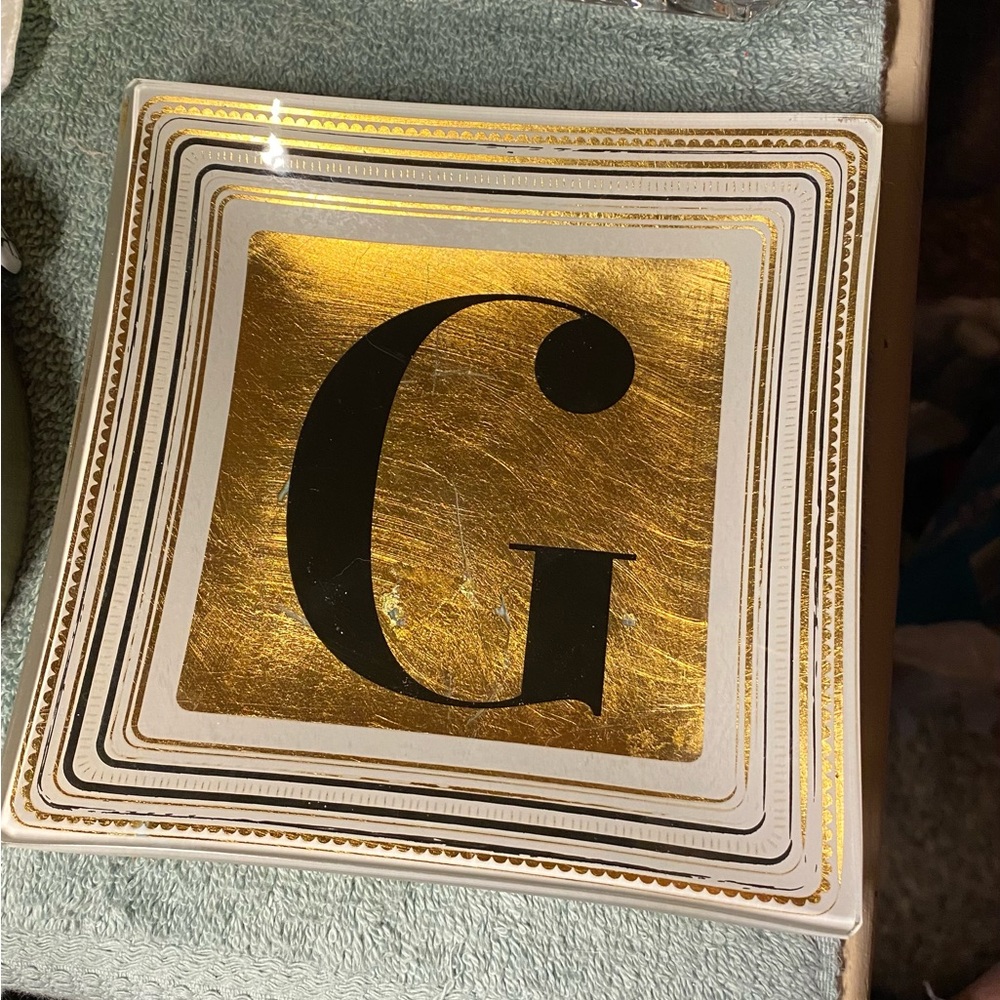 Vintage initial G Gold glass trinket / change tray.